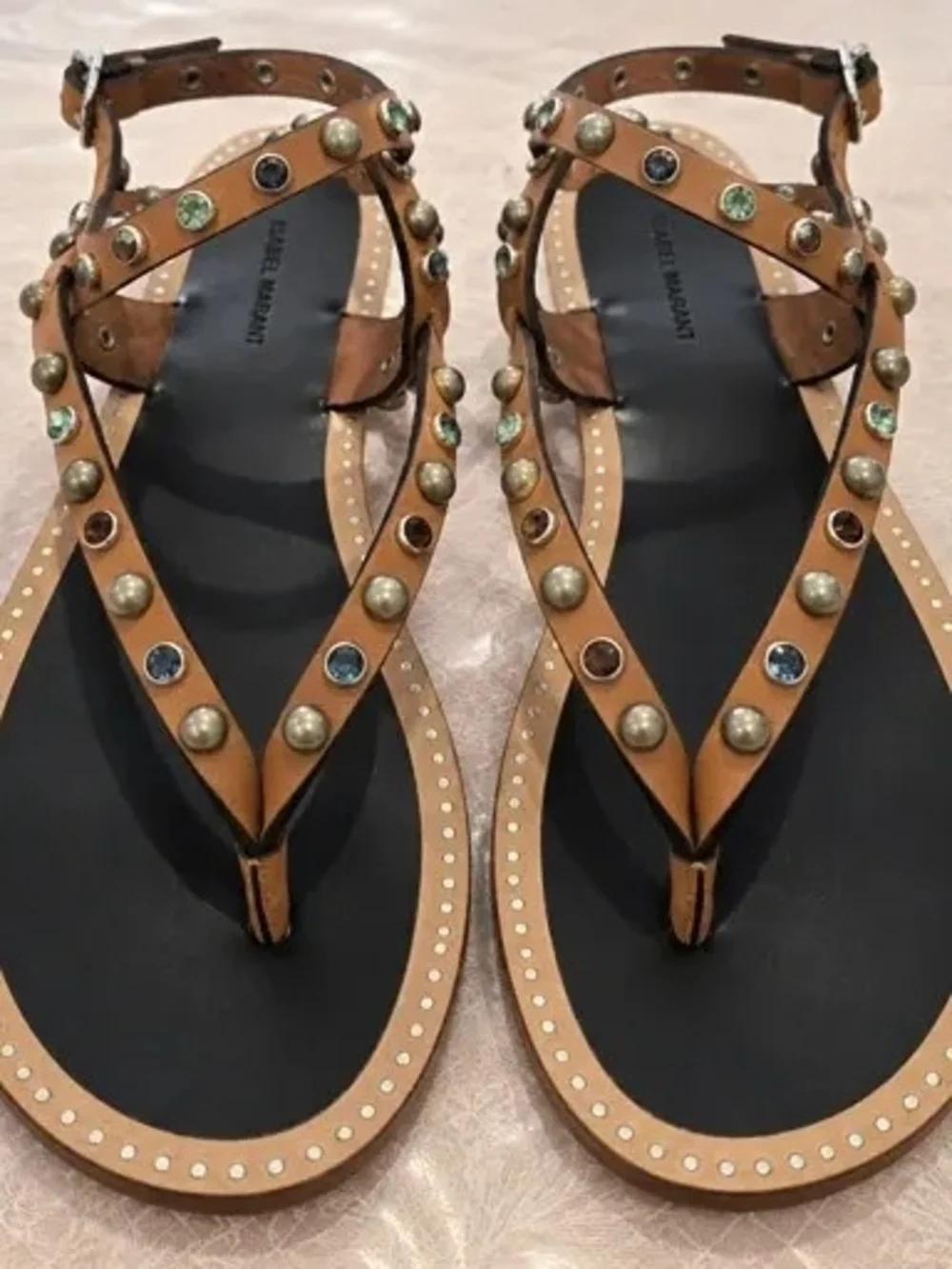 Isabel Marant Tan Leather Jeweled Ankle-Strap Sandals
